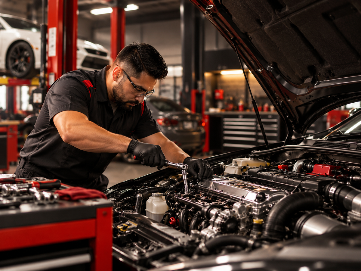 Technician installing a JDM engine in the JDM of Washington shop