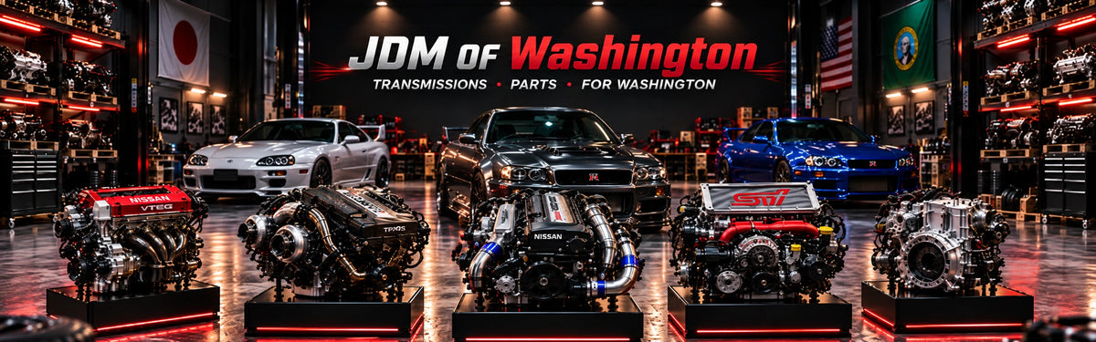 Red JDM engine in front of the Seattle skyline and Mount Rainier